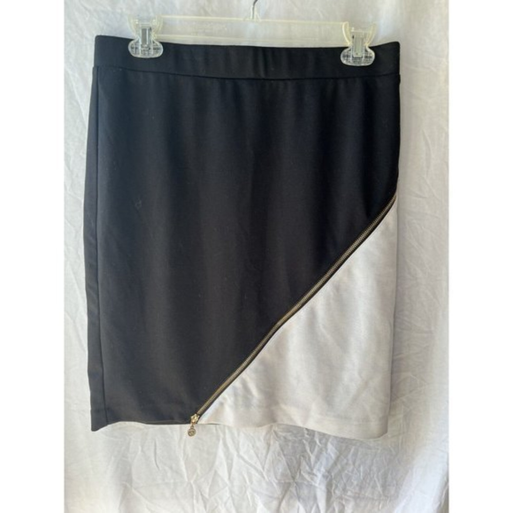 Anne Klein Essentials Black White Stretch Skirt Gold Zip Women's 4